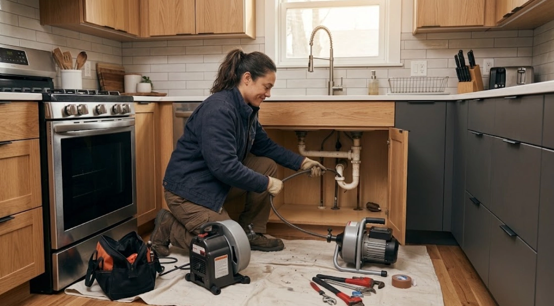 Professional technician unclogging kitchen sink drain and clearing trap assembly in Bayside Queens residence