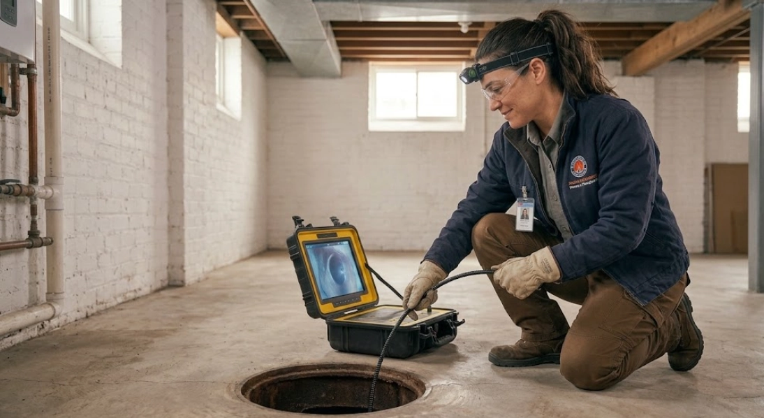 Technician conducting a fiber-optic sewer camera inspection for sewer line repair in Bayside Queens