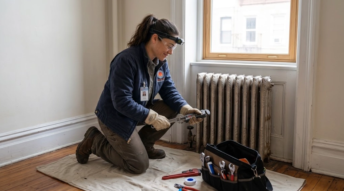 Plumbing technician performing steam radiator valve replacement and radiator repair in Bayside Queens