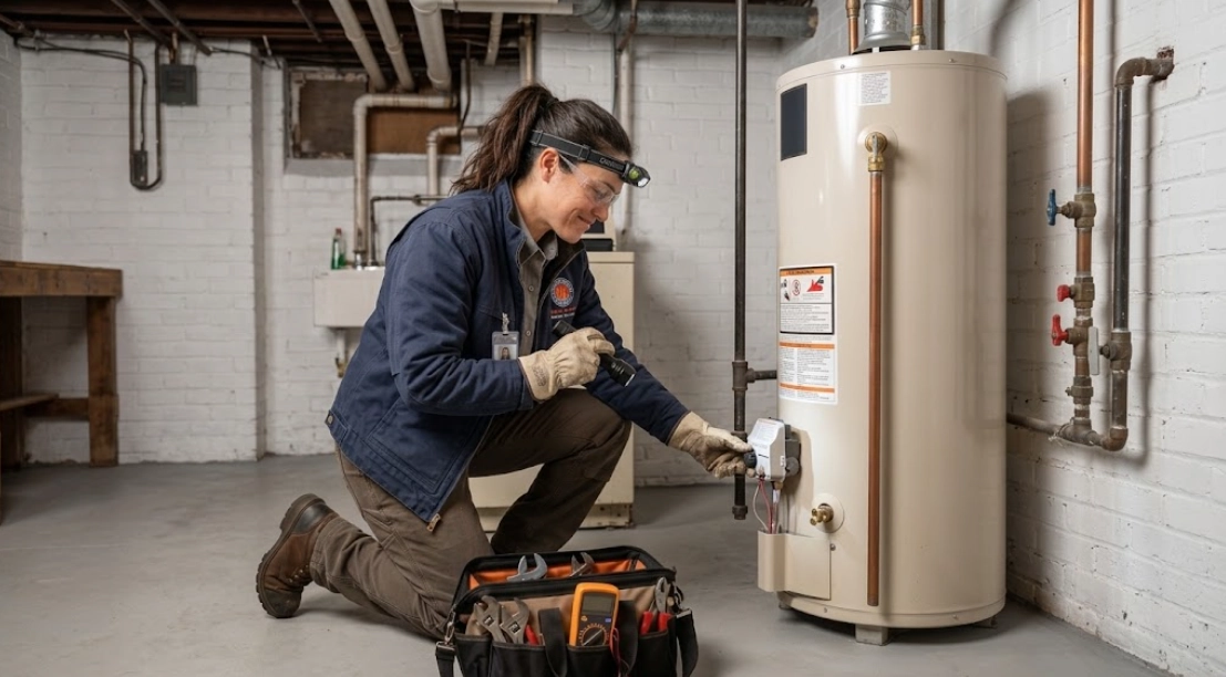 Technician testing a residential gas water heater for water heater repair in Bayside Queens